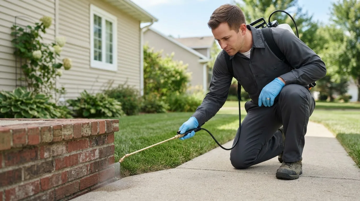 Pest control technician treating a home near Whiteman Air Force Base, MO